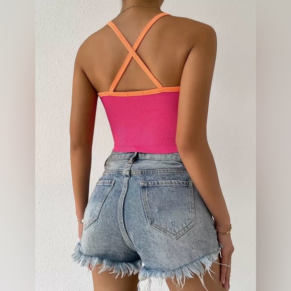 💖(2 for $15)💖 Pink & Orange Fitted Crop Tank Top - Picture 3 of 9